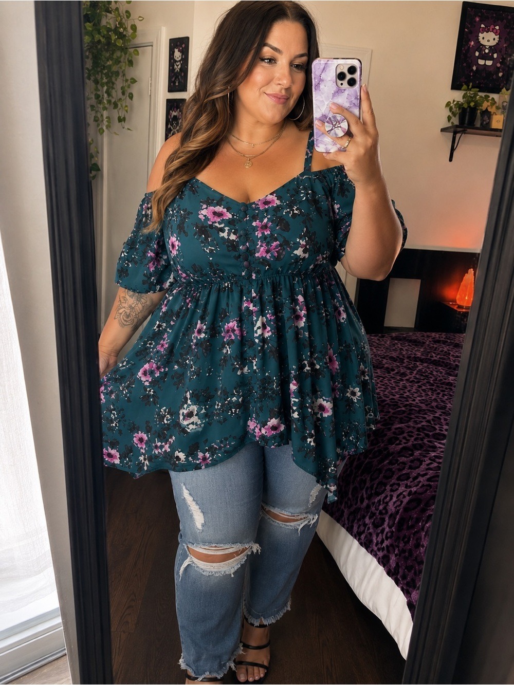 Torrid Teal Green Floral Cold Shoulder Top